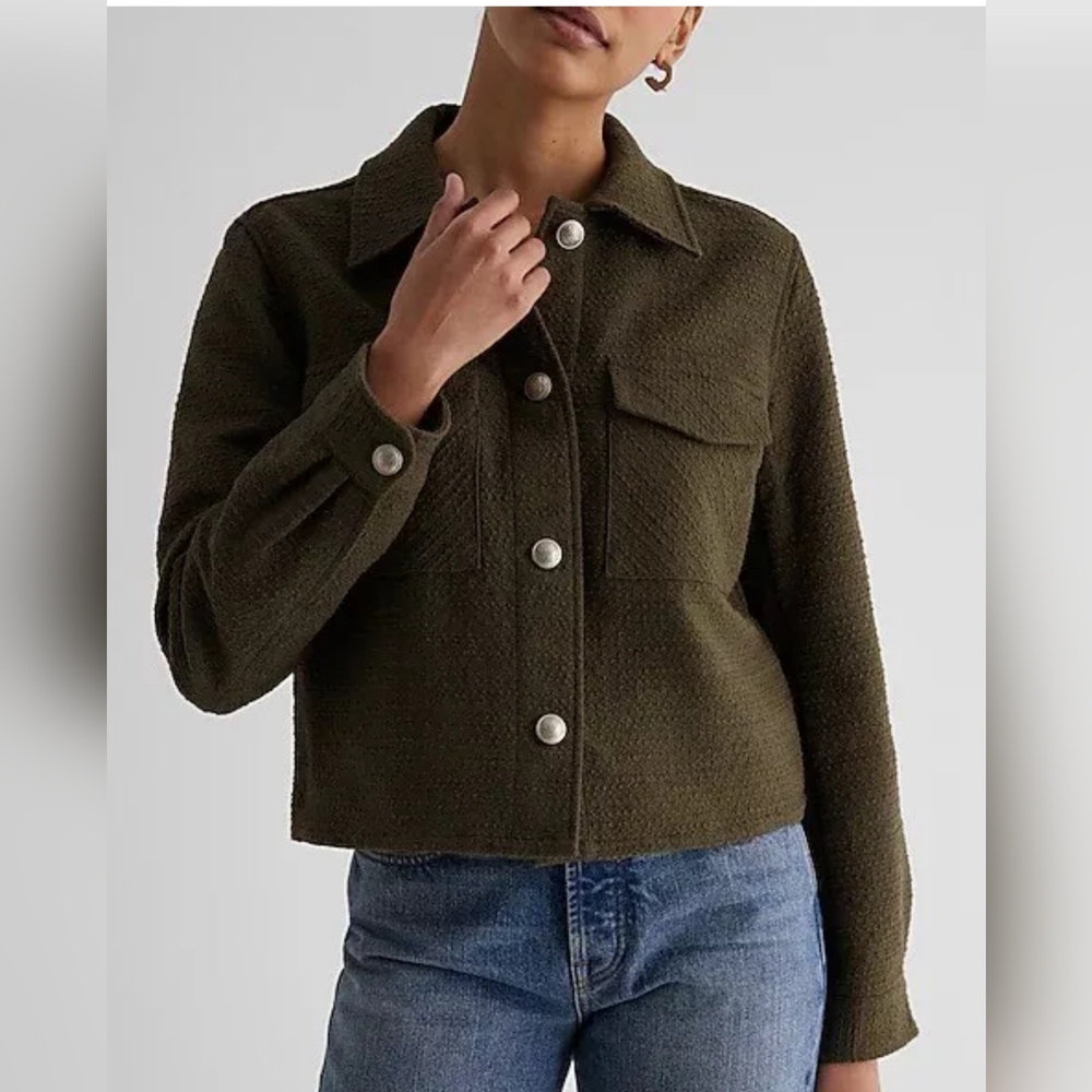 Express Boucle Tweed Button Cropped Shacket Jacket Olive‎ Green Size Large
